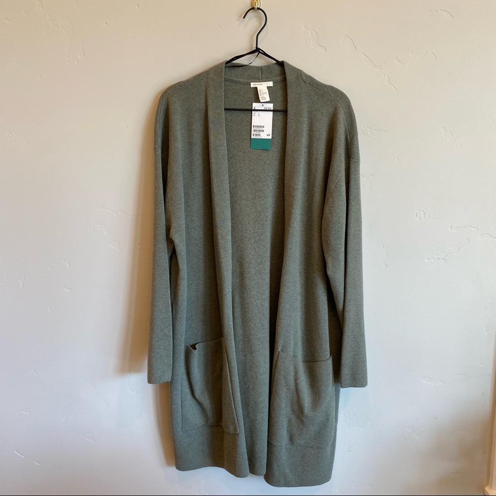 H&M Soft Knit Open Front Long Duster Robe Sweater Olive Green